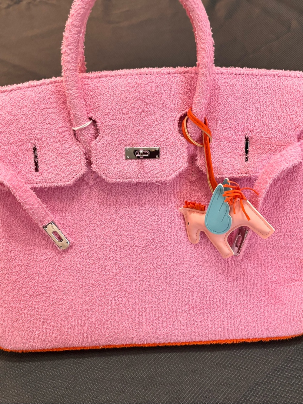 Pink Textured Top-Handle Tote Bag with Unicorn Charm. New - Picture 10 of 15
